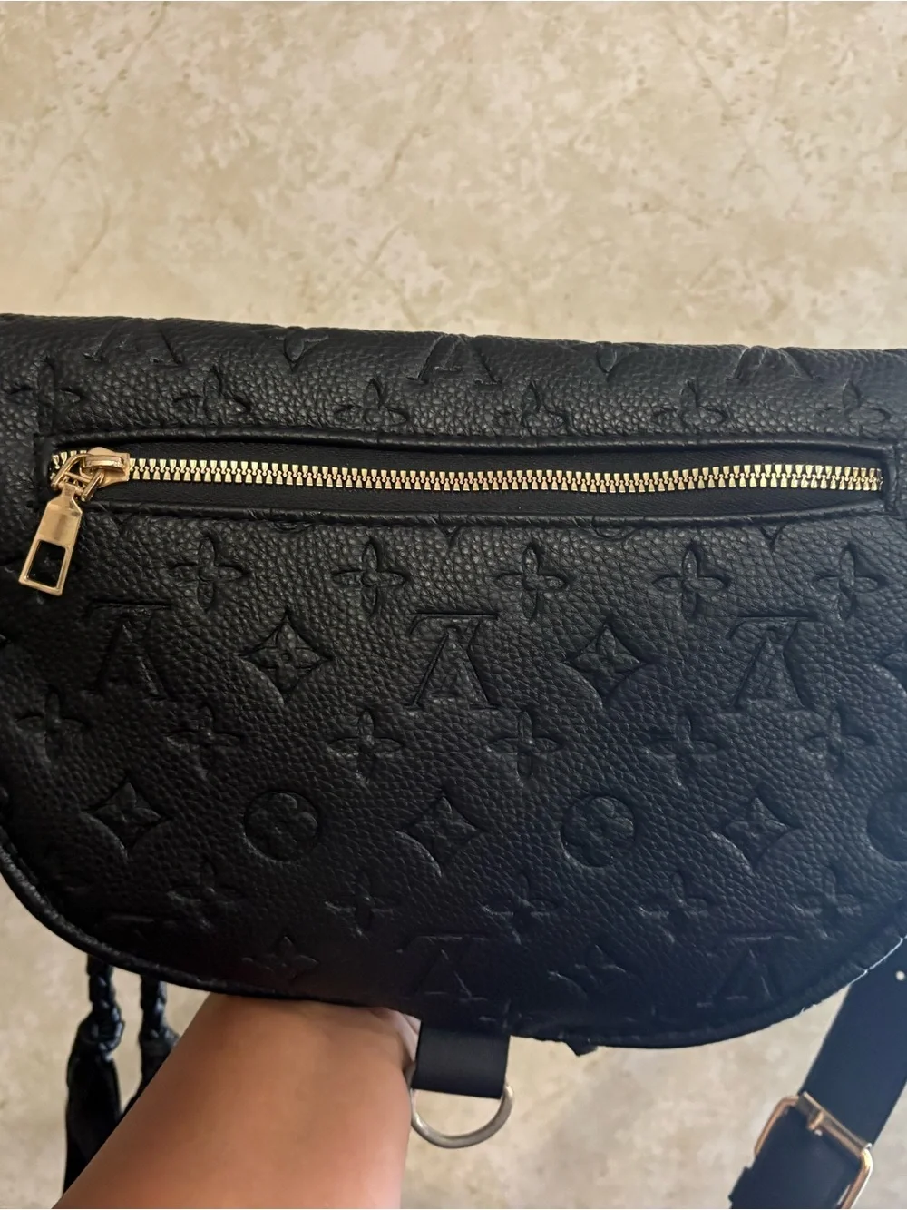 Black Embossed Leather Crossbody Belt Bag - Designer Style